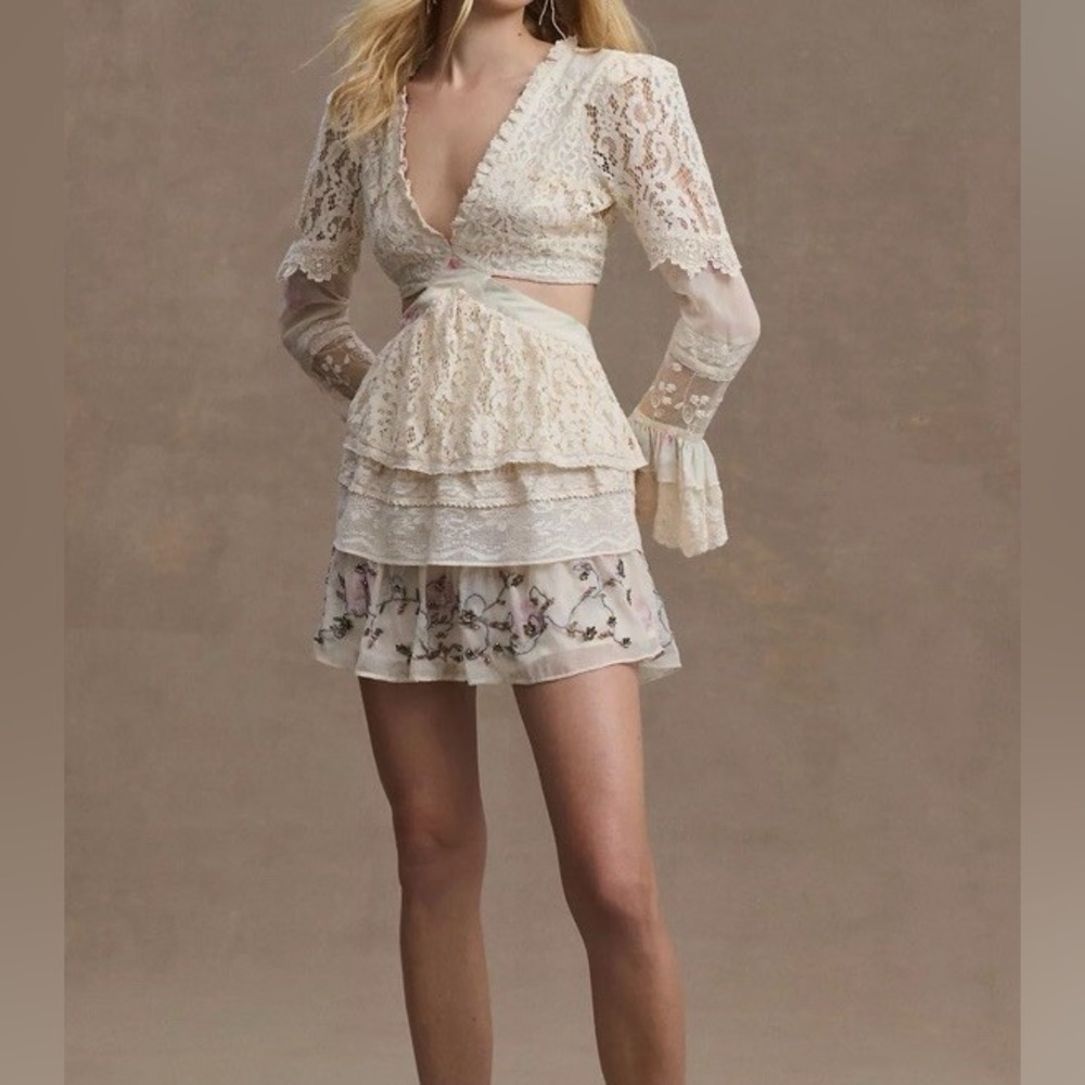 LoveShackFancy Karine Beaded Mixed Media Mini Cream Lace Dress
